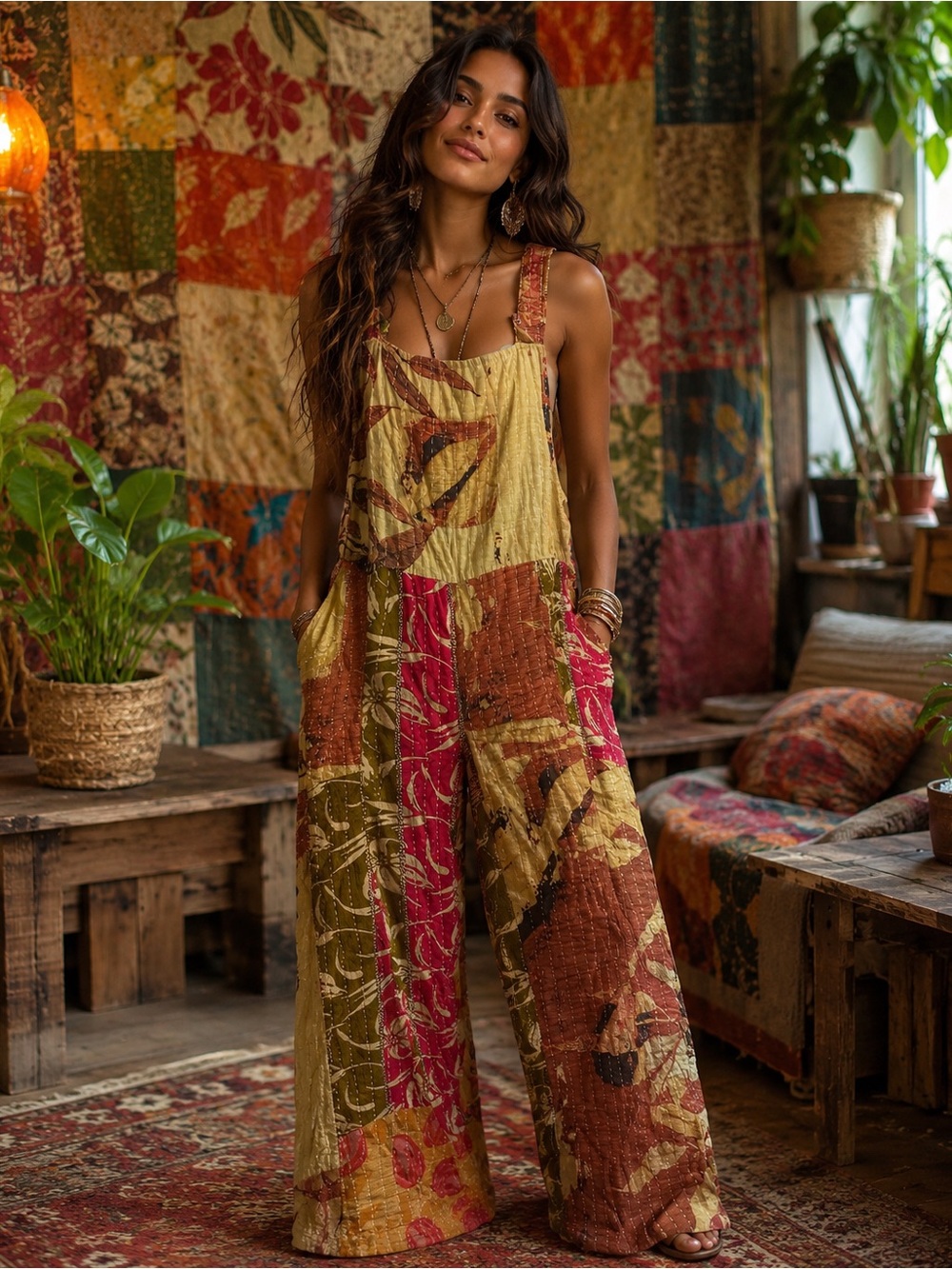 Boho Patchwork Wide-Leg Jumpsuit in Mustard & Rust